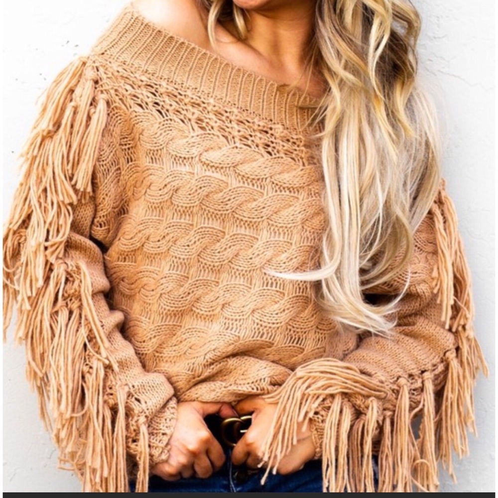 SALE OFF SHOULDER FRINGE STUNNER SWEATER
